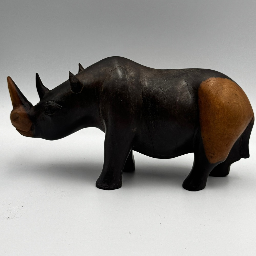 Hand Carved Wooden Rhinoceros Figurine African Safari Two Tone Wood Decor